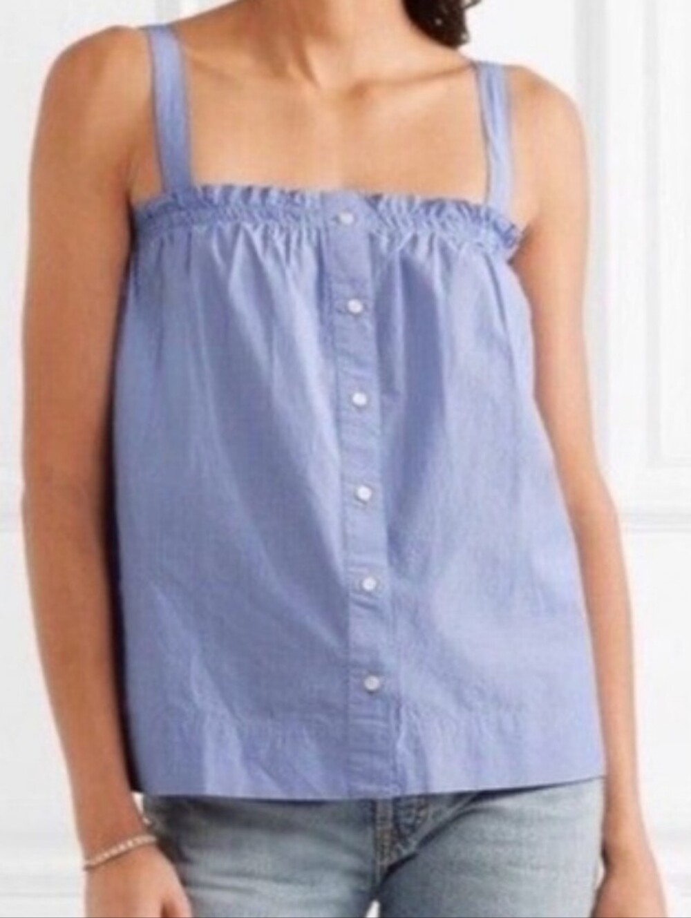 J Crew Buttons Front Pinstripes White Blue Top Blouse Straps Size 10 Striped